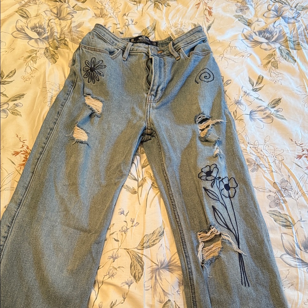Hollister Blue Straight Leg Jeans with Black Floral Embroidery